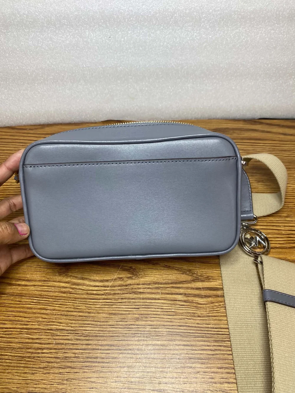 Michael Kors Grey Leather Crossbody Bag with Beige Strap